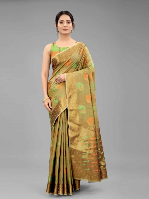 

Silk Land Women Green & Orange Woven Design Zari Linen Blend Fusion Saree