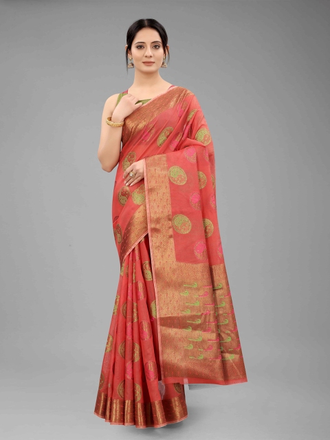 

Silk Land Peach-Coloured & Green Woven Design Zari Linen Blend Saree
