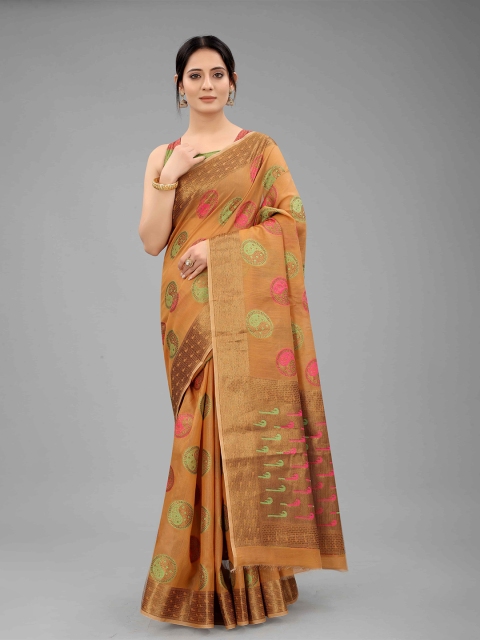 

Silk Land Brown & Green Zari Linen Blend Fusion Saree