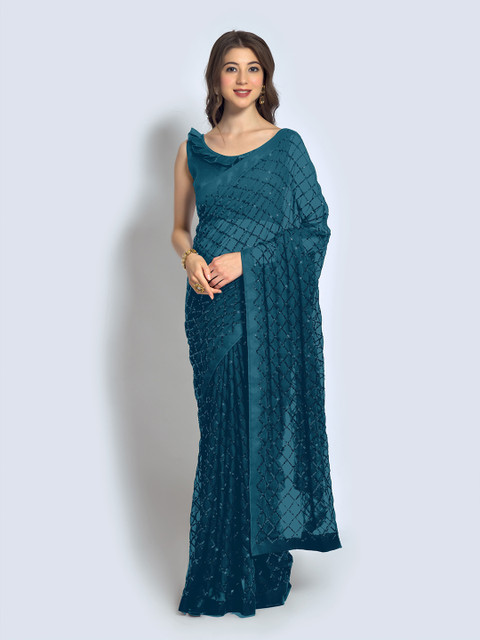 

elora Women Teal Embellished Sequinned Pure Georgette Bhagalpuri Saree