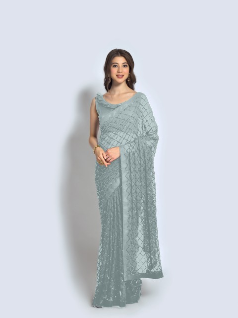 

elora Grey Embellished Sequinned Pure Georgette Bhagalpuri Saree