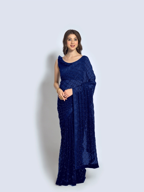 

elora Navy Blue Embellished Sequinned Pure Georgette Bhagalpuri Saree
