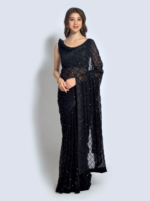 

elora Black Embellished Sequinned Pure Georgette Bhagalpuri Saree