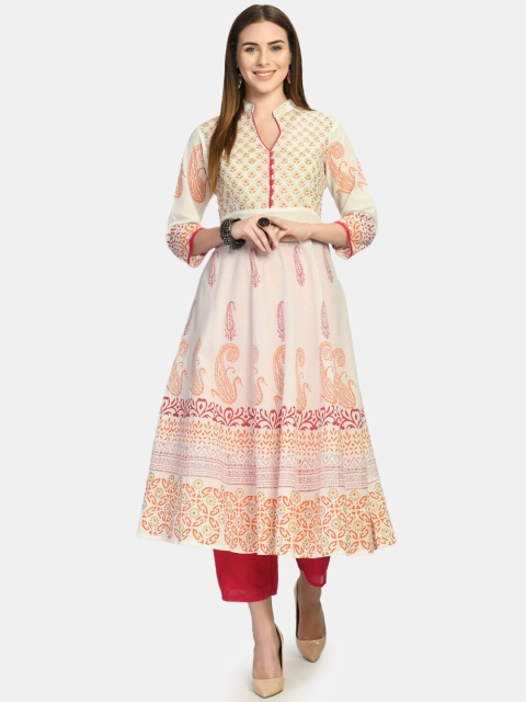 

Akshatani Women White Ethnic Motifs Printed Gotta Patti Block Print Anarkali Kurta