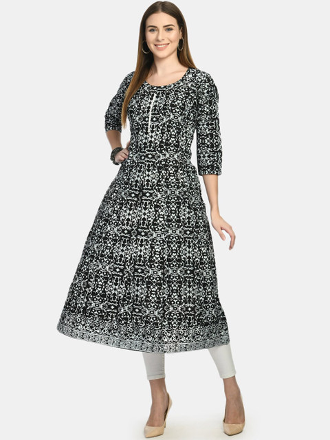 

Akshatani Women Black Geometric Printed Block Print Anarkali Kurta
