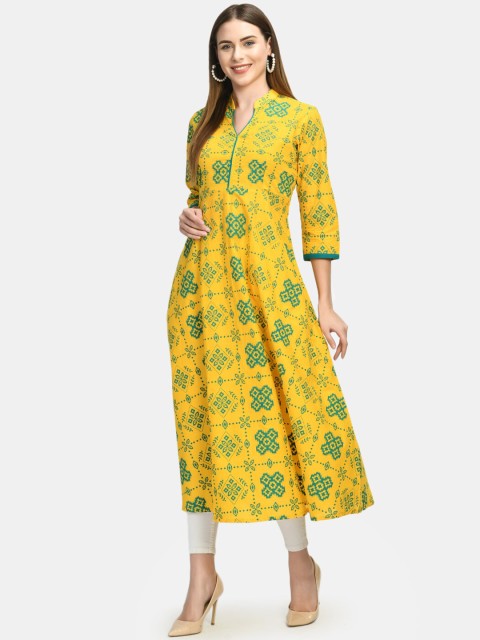 

Akshatani Women Mustard Yellow Ethnic Motifs Checked Block Print Anarkali Kurta