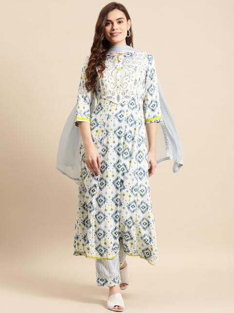 

Prakhya Women Blue Printed Panelled Kurta with Trousers & Dupatta