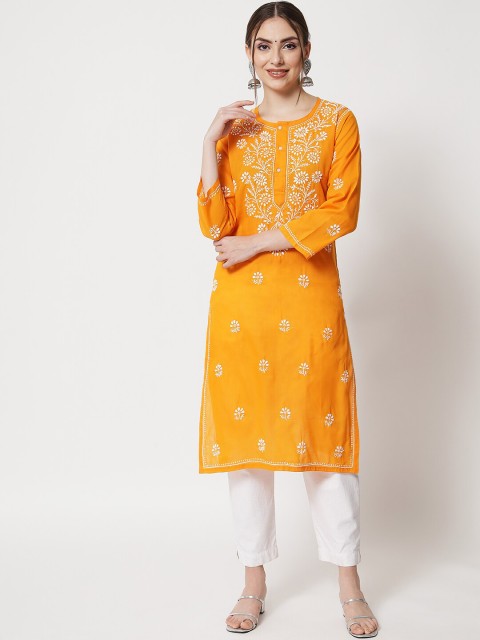 

PARAMOUNT CHIKAN Women Orange Hand Embroidered Chikankari Kurta