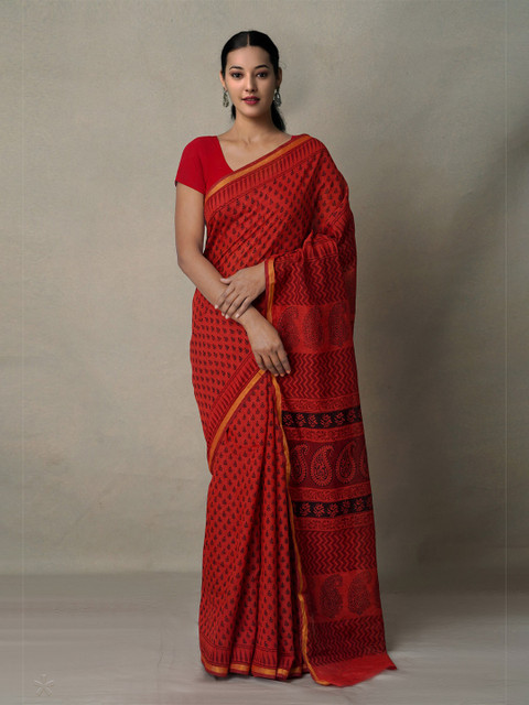 

Unnati Silks Women Red & Black Art Chanderi Bagh Printed Cotton Saree