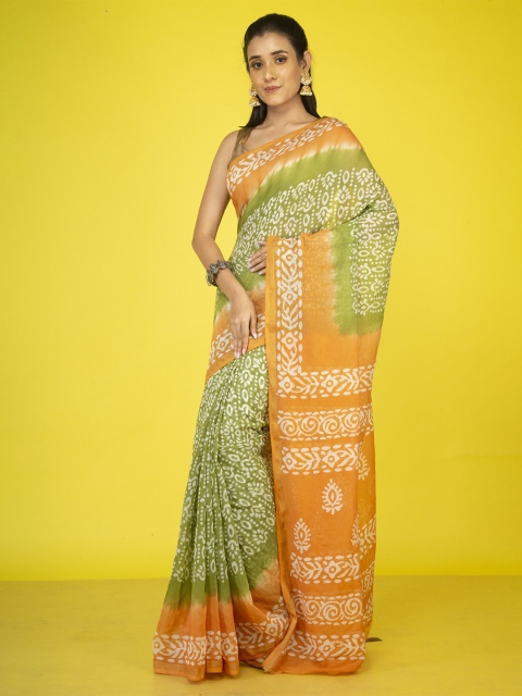 

Unnati Silks Women Green & Mustard Batik Zari Pure Cotton Kota Saree