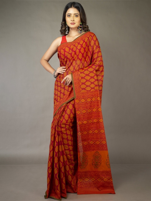 

Unnati Silks Women Orange & Black Ethnic Motifs Pure Cotton Block Print Saree