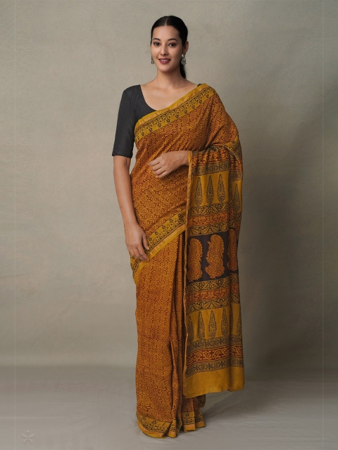 

Unnati Silks Orange & Maroon Bagh Pure Cotton Chanderi Saree