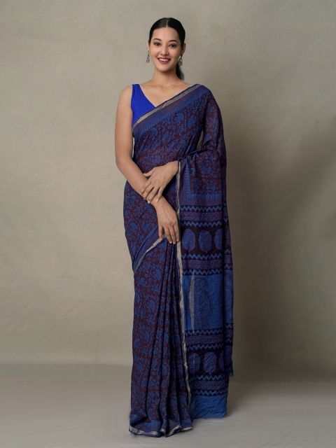 

Unnati Silks Women Maroon & Blue Bagh Zari Chanderi Saree