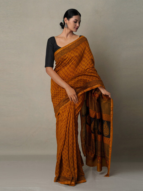 

Unnati Silks Women Orange & Black Pure Cotton Chanderi Saree