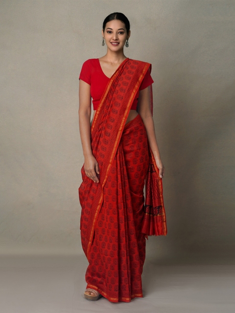 

Unnati Silks Red & Black Bagh Pure Cotton Chanderi Saree