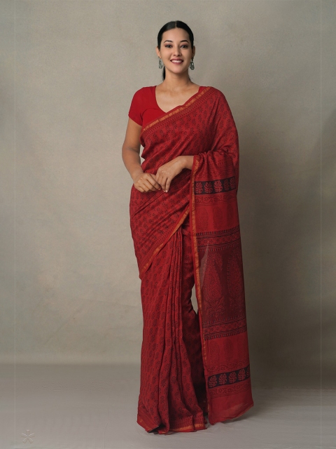 

Unnati Silks Red & Black Bagh Zari Pure Cotton Chanderi Saree