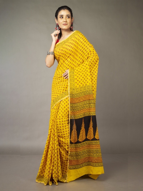 

Unnati Silks Yellow & Black Bagh Zari Pure Cotton Venkatgiri Saree