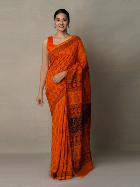 

Unnati Silks Rust & Black Embellished Zari Pure Cotton Chanderi Saree