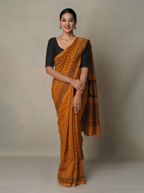 

Unnati Silks Orange & Red Bagh Pure Cotton Chanderi Saree