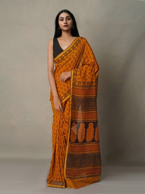 

Unnati Silks Orange & Black Bagh Pure Cotton Chanderi Saree