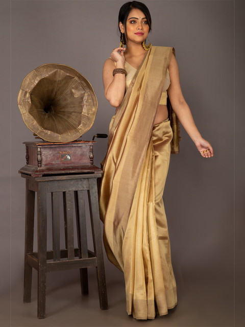 

Unnati Silks Brown & Gold-Toned Woven Design Zari Art Silk Mysore Silk Saree