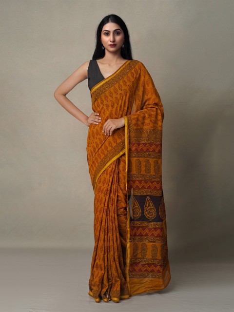 

Unnati Silks Orange Art Chanderi Bagh Printed Cotton Saree