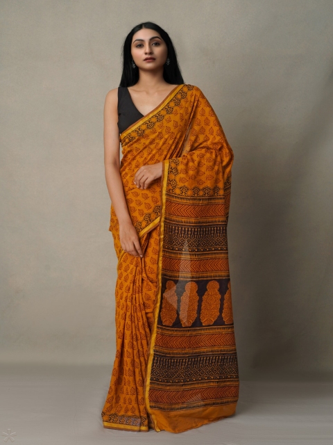

Unnati Silks Orange & Gold-Toned Zari Chanderi Saree