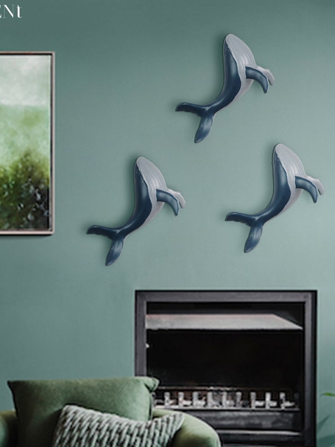 

THE ARTMENT Set Of 3 Blue & Grey Color-Blocked Joy of the World Whale Wall Decor