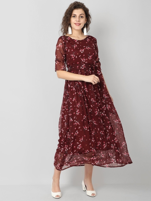 

ISAM Maroon Floral Chiffon Midi Dress