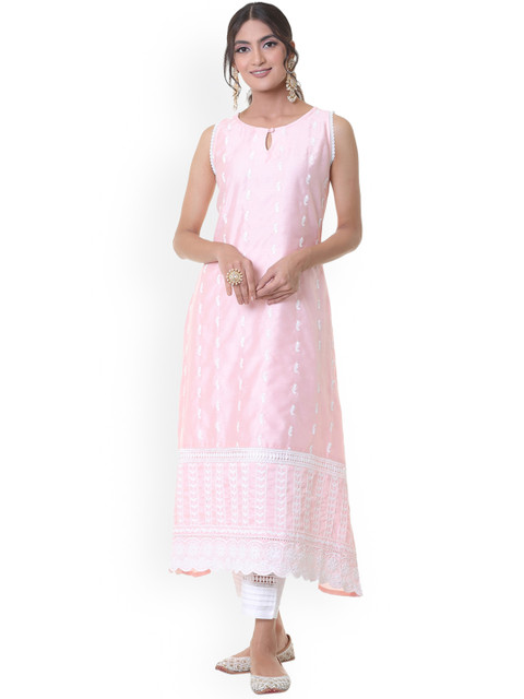 

HEEPOSH Women Peach-Coloured Striped Layered Thread Work Kurti with Churidar & With Dupatta