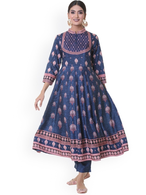 

HEEPOSH Women Navy Blue Ethnic Motifs Printed Empire Kurta with Churidar & With Dupatta
