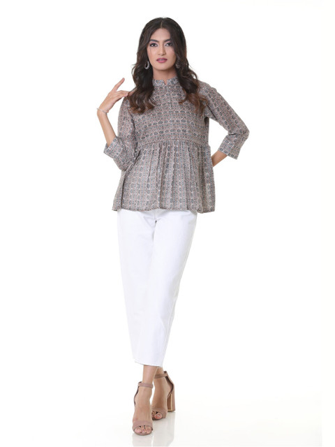 

HEEPOSH Brown & White Modal Mandarin Collar Printed Tunic