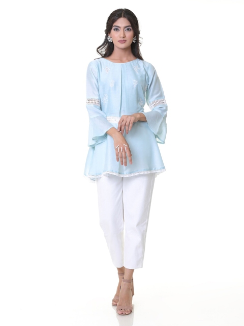 

HEEPOSH Blue & White Modal Boat Neck Embroidered Tunic