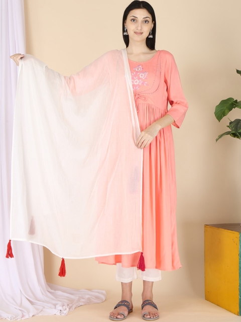 

ERISHA Women Peach-Coloured Floral Thread Work Floral Anarkali Kurta