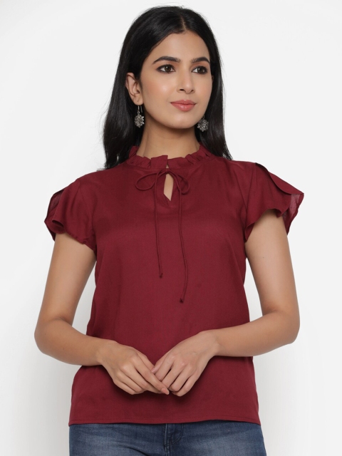 

PURSHOTTAM WALA Women Maroon Solid Tie-Up Neck Top