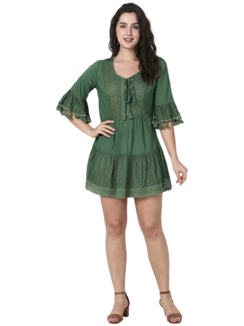 

Again Fashions Green Laced Flared Dress