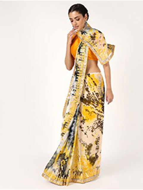 

Kastiel Yellow & Black Tie and Dye Gotta Patti Saree