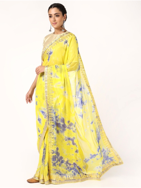 

Kastiel Women Yellow & Blue Tie and Dye Gotta Patti Saree