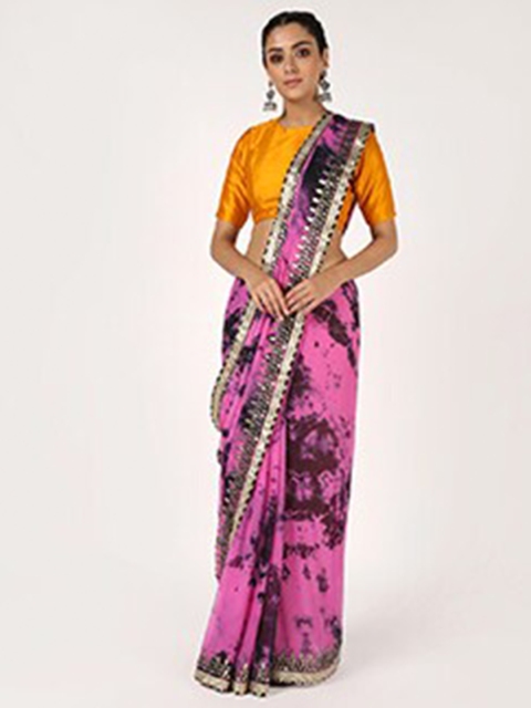 

Kastiel Pink & Black Tie and Dye Gotta Patti Saree