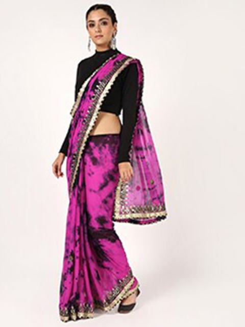 

Kastiel Pink & Black Tie and Dye Gotta Patti Saree