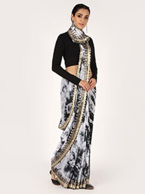 

Kastiel Black & White Tie and Dye Gotta Patti Saree
