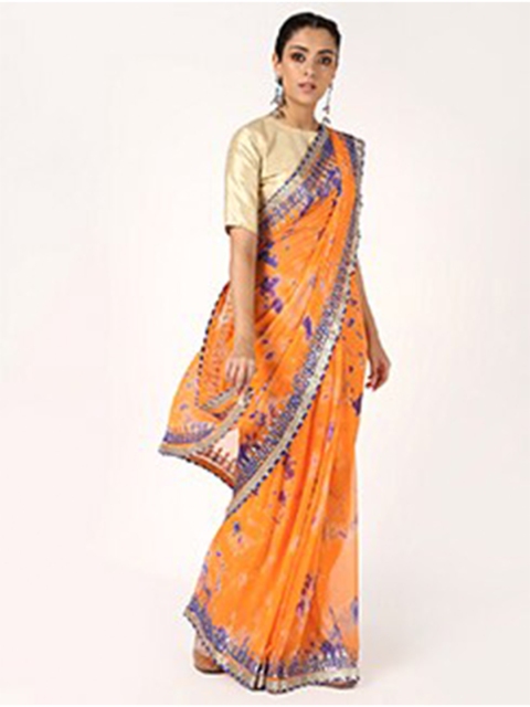 

Kastiel Orange & Blue Tie and Dye Gotta Patti Saree