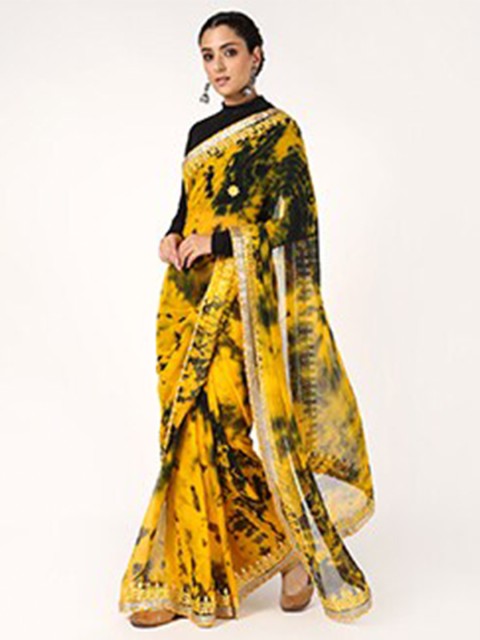 

Kastiel Yellow & Black Tie and Dye Gotta Patti Saree