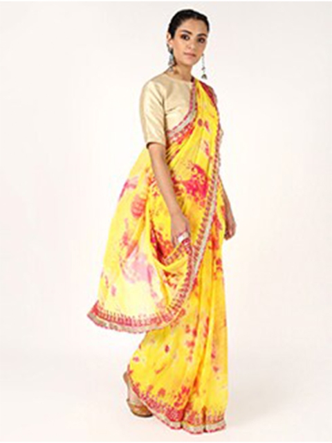 

Kastiel White & Yellow Tie and Dye Gotta Patti Saree