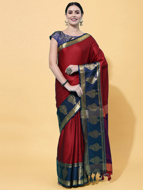 

Satrani Maroon & Navy Blue Woven Design Zari Silk Cotton Saree