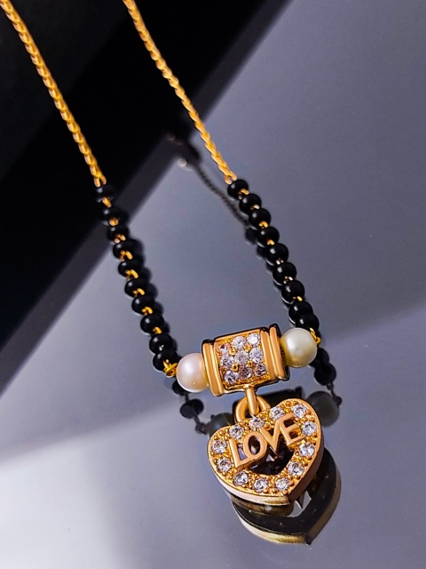 

Saizen Gold-Plated White AD-Studded & Black Beaded Mangalsutra