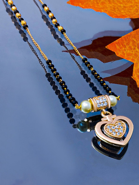 

Saizen Gold-Plated White AD-Studded & Black Beaded Mangalsutra