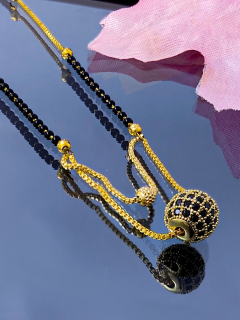 

Saizen Women Gold-Plated Black AD-Studded & Beaded Mangalsutra