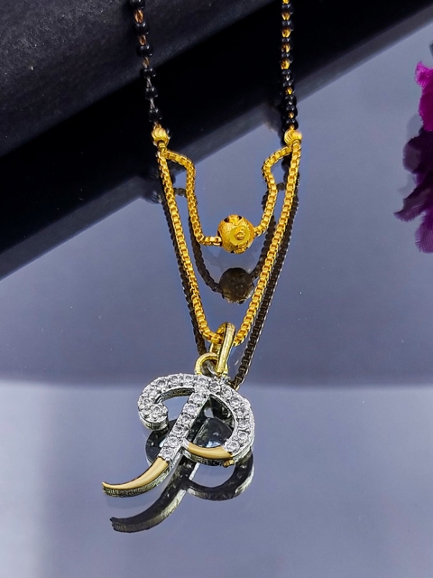 

Saizen Gold-Plated White AD-Studded & Black Beaded P Alphabet-Charm Mangalsutra