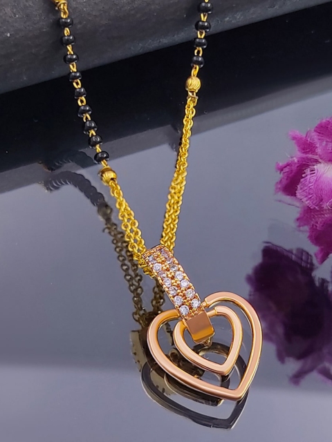 

Saizen Women Gold-Plated AD Studded Heart Pendant& Black Beaded Chain Mangalsutra